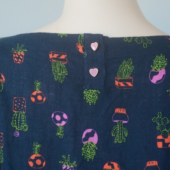 Modcloth 3X Navy Blue Cactus Plant Print Linen Blend Top - Picture 7 of 8